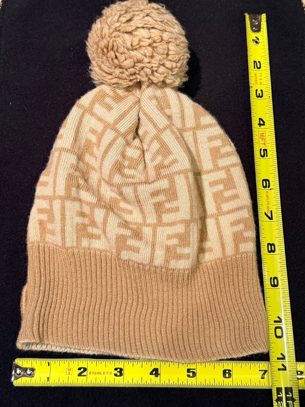 Fendi Zucca FF Logo Beanie Hat Tan Beige 100% Wool Pom Pom Winter Ski Cap Italy